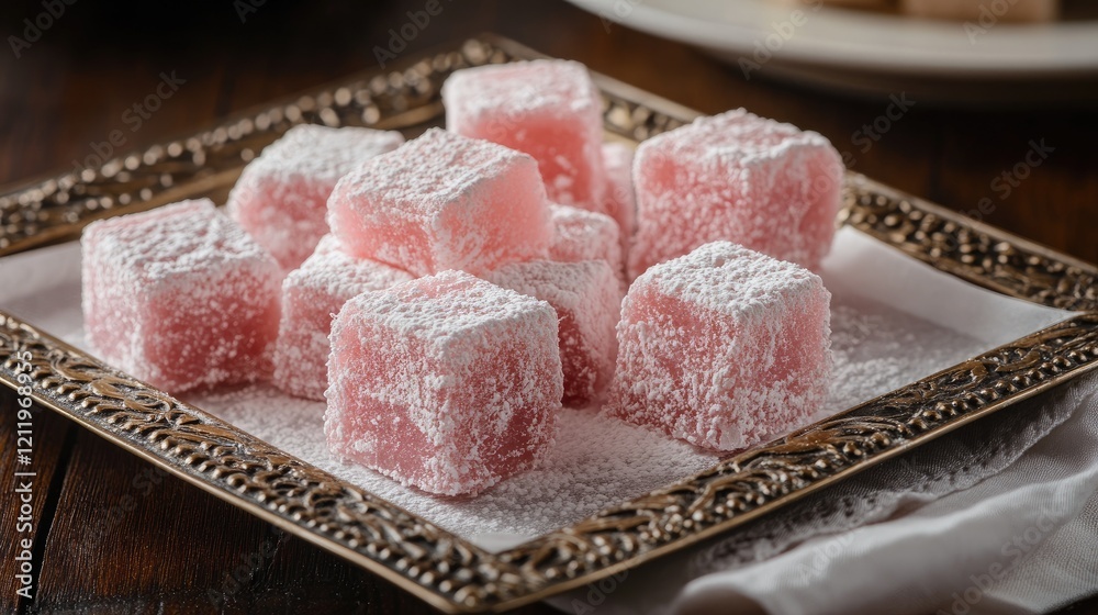 Poster turkish delight squares dusted with powdered sugar arranged on an elegant tray with a decorative nap