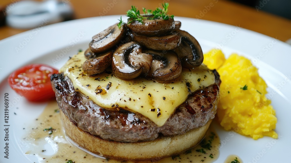 Aufkleber truffle beef burger topped with cheese and mushrooms served with mashed potatoes and cherry tomatoes