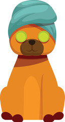 Funny cartoon dog relaxing with beauty mask and towel on its head