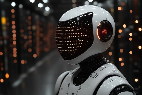 Futuristic robot in server room.