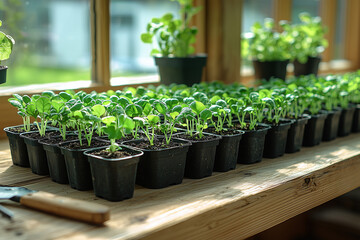 An organized setup of seedling trays with various young plants, creating a calm, cozy atmosphere in a well-lit space with a focus on early-stage growth.