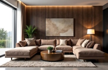 Stylish, modern living room in mocha mousse color
