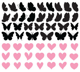 Heart, love, romance pink hearts and bows vector icons. Heart love symbol isolated editable vector. Vector icons for Christmas gifts, Valentine's Day, birthday. Vintage black icon butterfly insect