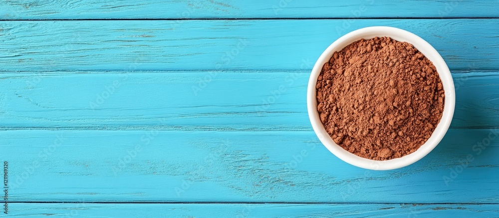 Aufkleber Cocoa powder in a white bowl positioned on a vibrant blue wooden table top with ample negative space for text or design elements.