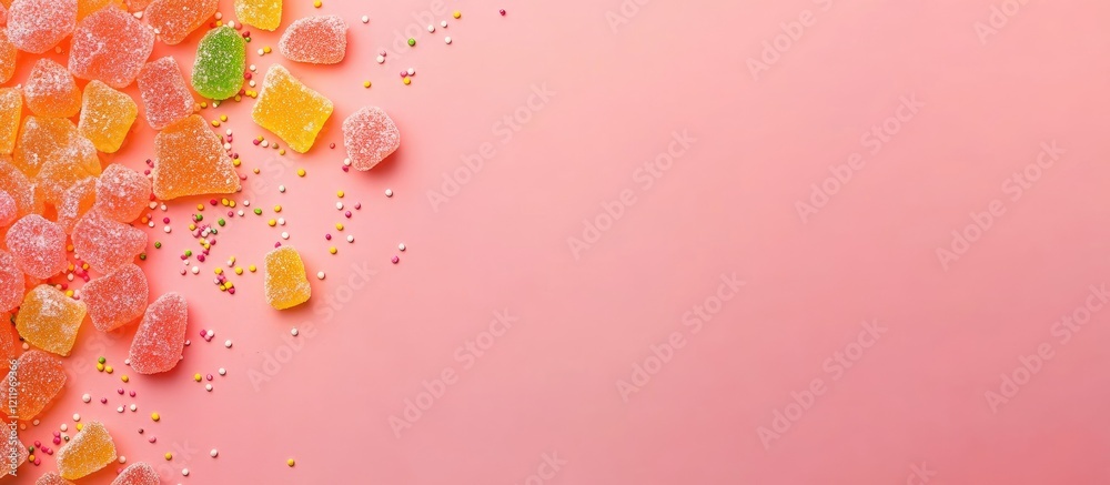 Aufkleber Vibrant assortment of colorful gummy candies and sparkling sugar sprinkles arranged on a soft pink background with ample empty space for creative text insertion