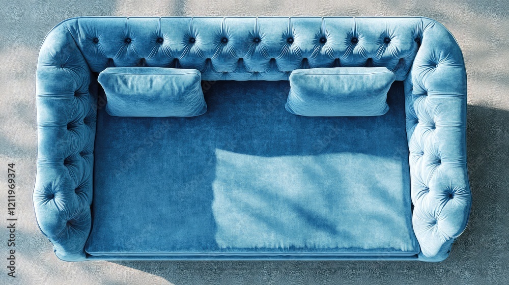 Poster aerial perspective of a light blue vintage tufted sofa with soft bottom cushions positioned in a bri