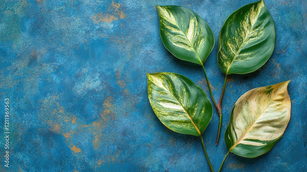 Poster tropical leaves on blue textured background for summer designs with space for text in a minimal flat