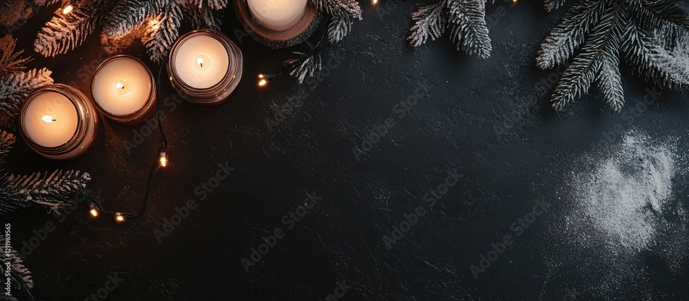 Poster Wooden table adorned with candles and Christmas tree branches on dark background featuring empty space for festive text or messages