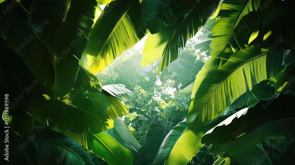 Poster lush tropical leaves creating a vibrant green backdrop with dappled sunlight filtering through the f