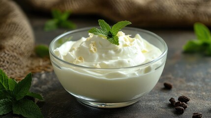 Turkish yogurt served in a glass bowl garnished with mint leaves on a rustic table setting