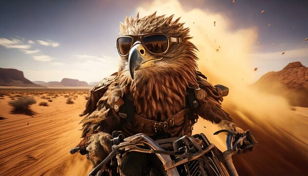 An adventure eagle with sunglass and helmet riding a harley davidson in the desert under sand storm flying off away in long shot angle