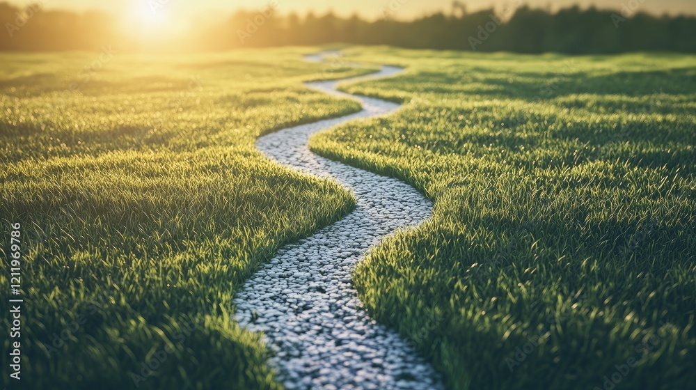 Poster scenic pathway through lush meadow symbolizing journey and success with sheep grazing in a serene co