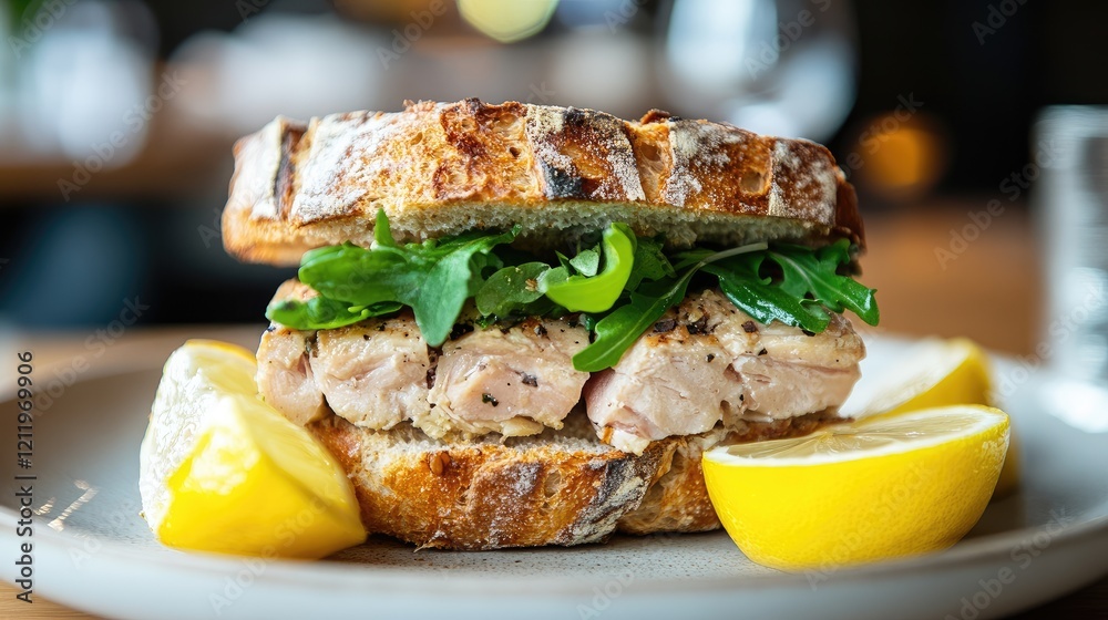 Poster tuna fish sandwich with fresh arugula and lemon slices on rustic bread served on a plate