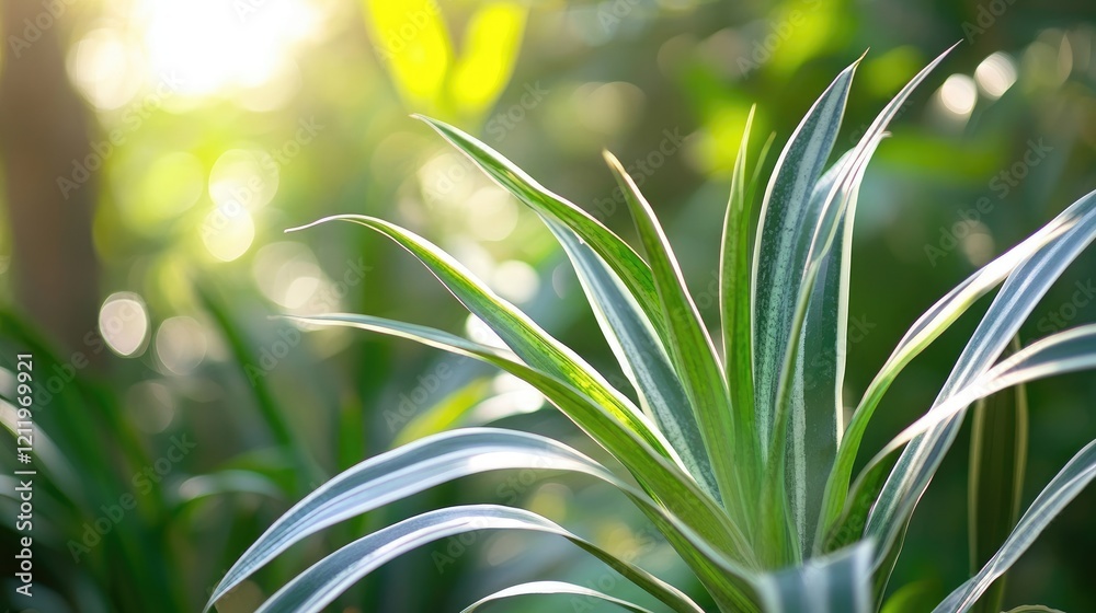Poster tropical plant leaves with soft sunlight creating a serene botanical background in a lush garden set