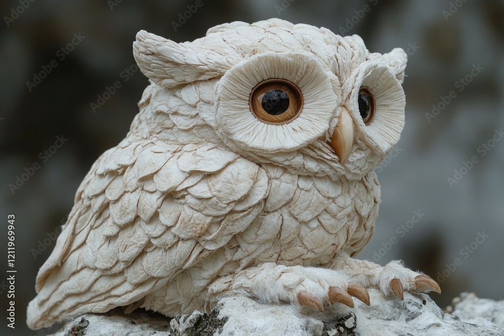 Aufkleber a white owl statue sits atop a rock, ideal for use in decorative or editorial contexts