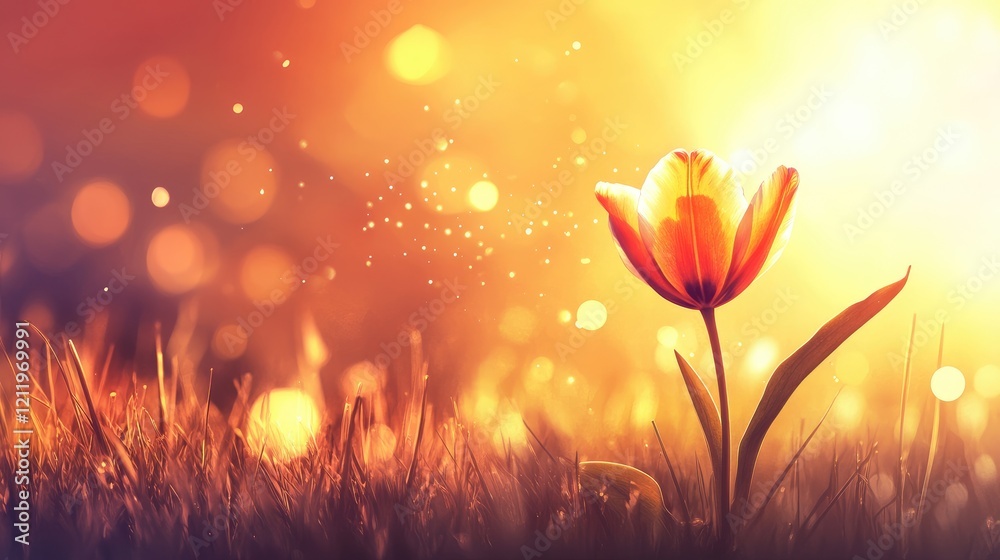 Poster tulip blooming at sunset with vibrant bokeh effects and soft grass background creating a serene atmo