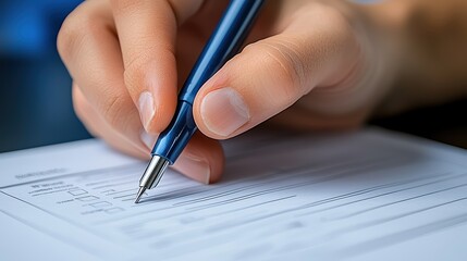 Close-up of hand writing on paper with blue pen