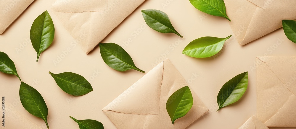 Poster flat lay of beige craft paper envelopes surrounded by fresh green leaves on soft light background fo