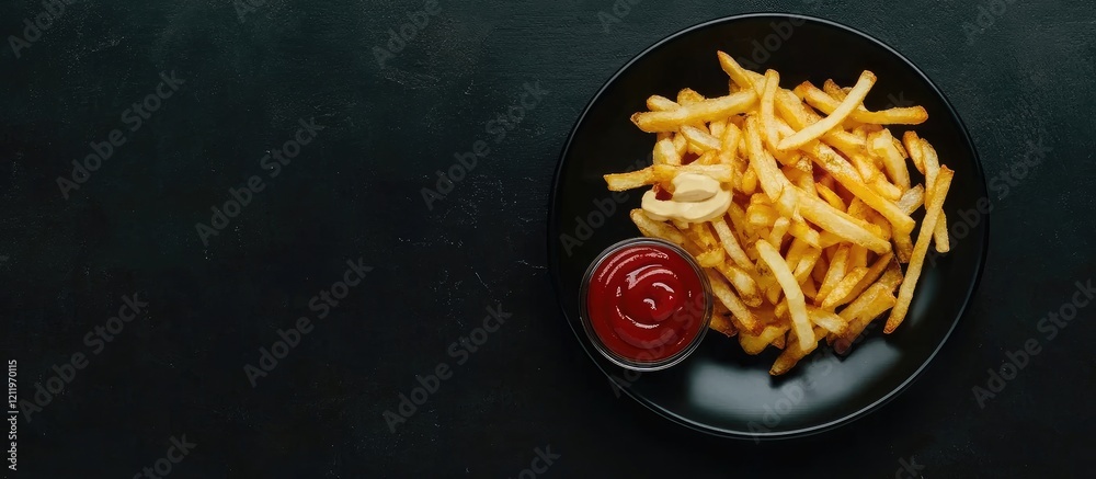 Aufkleber top view of golden crispy french fries with ketchup and mayonnaise in a black plate, set against a d