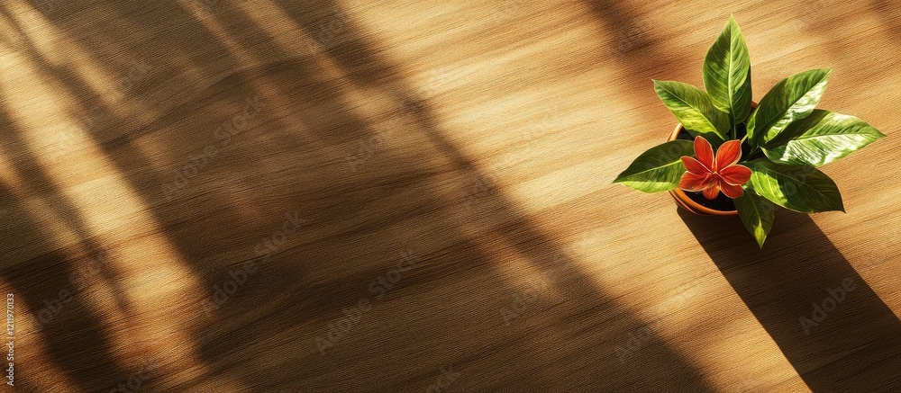 Poster inviting top view of a vibrant green plant with orange flower on a warm wooden office desk, featurin