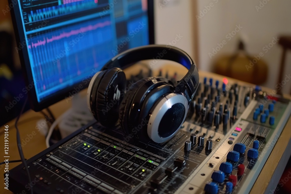 Poster A soundboard with headphones placed on top, a versatile and modern audio setup for recording or listening