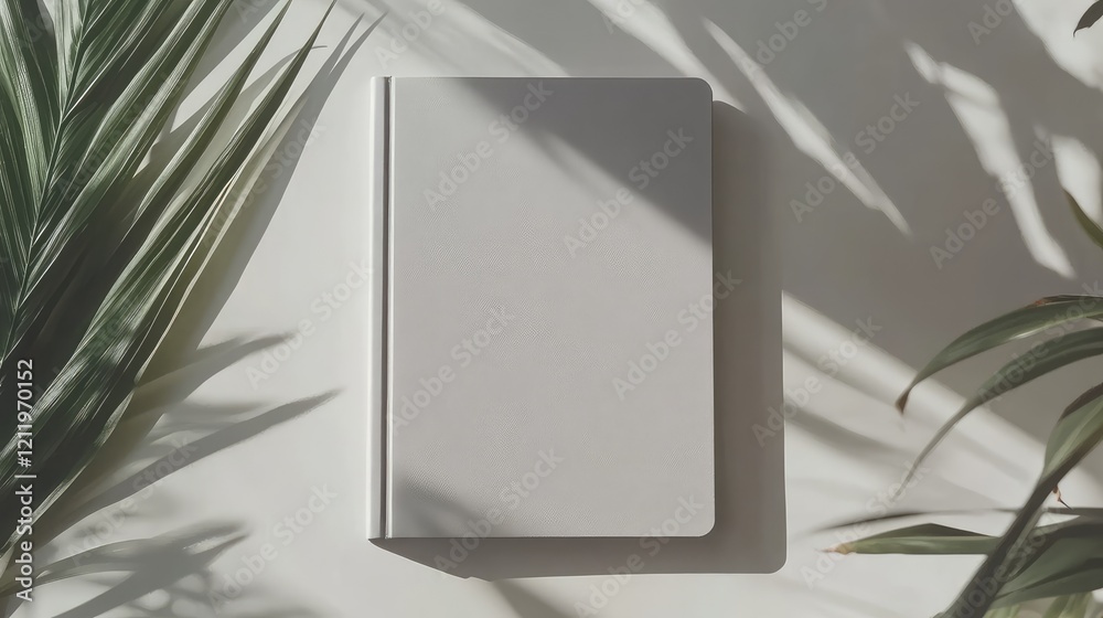 Poster Top view of a minimalist grey notebook on a bright white desk surrounded by green palm leaves in a modern office workspace setting
