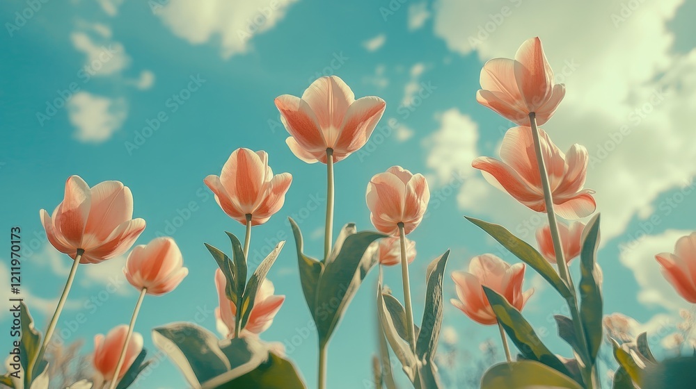 Aufkleber Pink tulips in a bright blue sky with fluffy clouds creating a serene and vibrant nature composition.