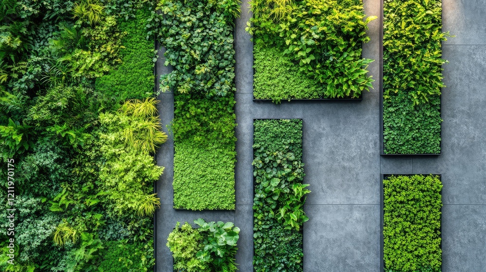 Poster aerial view of a lush green vertical garden featuring diverse foliage patterns and vibrant textures 