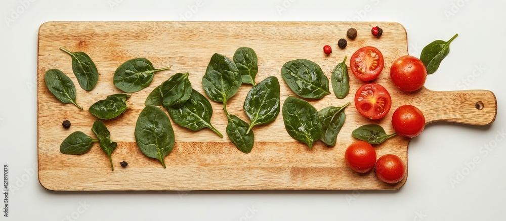 Poster vibrant spinach leaves and ripe red tomatoes neatly arranged on a wooden cutting board with a clean 
