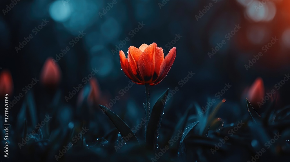 Poster vibrant orange and red tulip flower blooming in a dark garden setting with water droplets on petals 