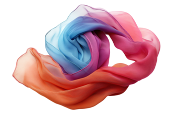 Colorful silk scarf gracefully twisted showcasing vibrant hues in a bright light setting isolated on transparent background