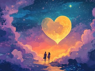 Obraz premium Romantic Couple Walking Under a Heart-Shaped Moonlit Sky