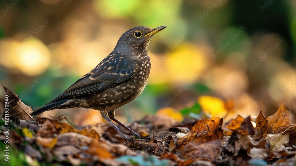 Poster Eurasian thrush foraging in autumn leaves with a soft bokeh background showcasing fall colors and nature's beauty.