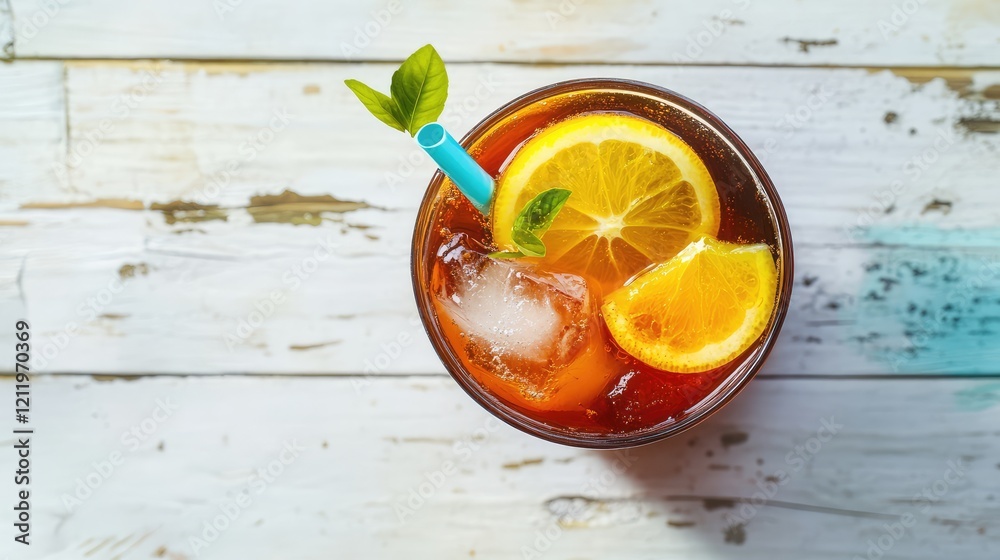 Poster top view of vibrant citrus iced tea with lemon and orange slices in a clear glass on a rustic white 