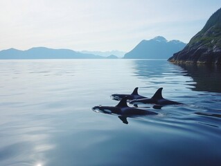 Fototapeta premium Calm Waters with Three Orcas Swimming Near Rocky Shoreline