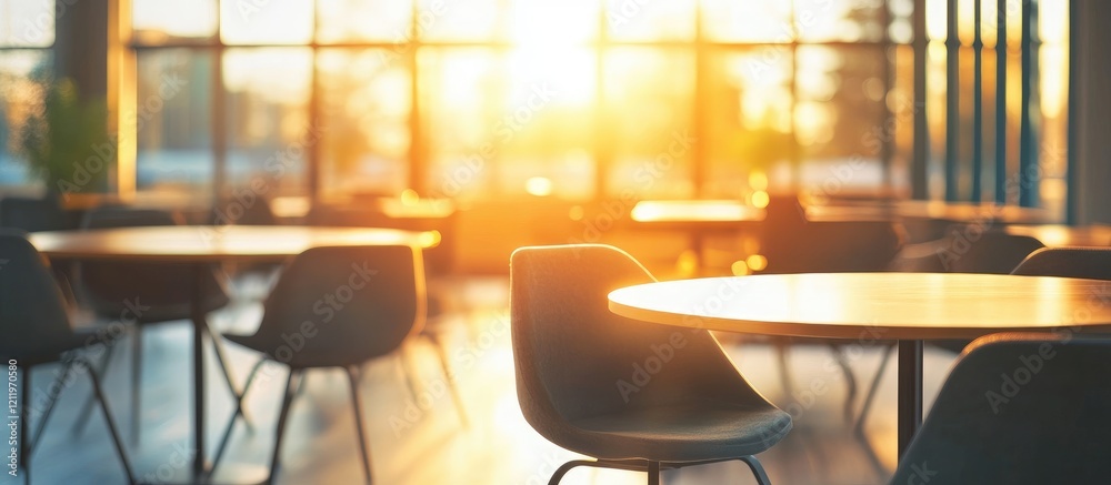 Poster Modern office interior with empty tables and chairs illuminated by warm sunlight creating an inviting workspace atmosphere for design concepts