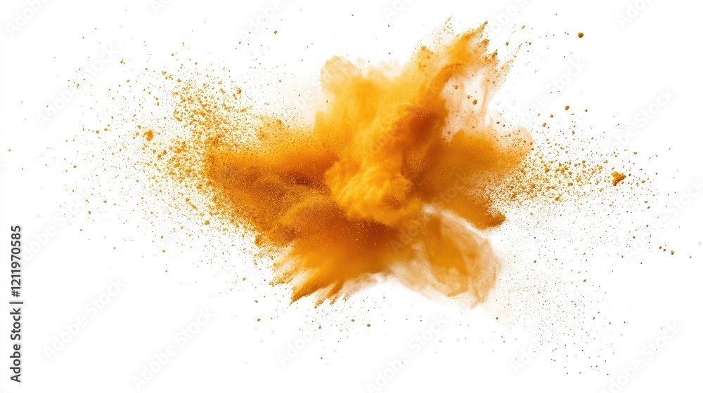 Poster Turmeric powder explosion with dynamic burst effect isolated on bright background for culinary and health-related designs
