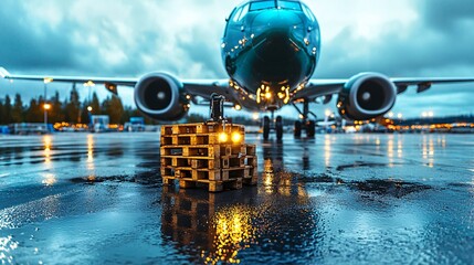 Cargo management logistics network concept. A cargo plane is parked on a wet runway, with a stack of gold bars in the foreground, reflecting the moody sky and dramatic lighting.