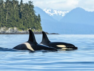Obraz premium Majestic Orcas Swimming in Tranquil Waters with Mountain Background