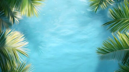 lightblue water background and green palmtree leaves on the sides