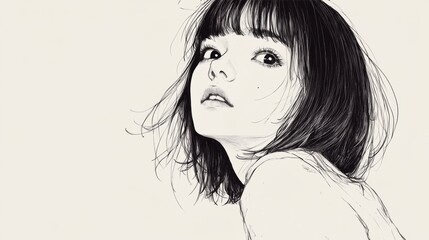 Fototapeta premium Pen sketch of a young woman with bob haircut looking up.