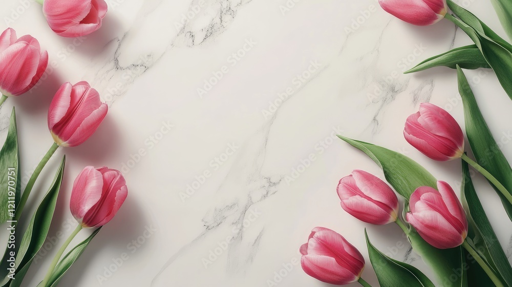 Poster spring tulips arrangement on marble background with ample space for branding and text promotional de