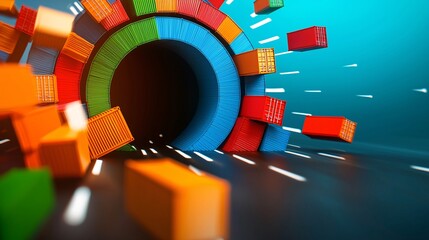 Obraz premium Cargo management logistics network concept. A dynamic tunnel scene with colorful blocks bursting outward, creating a sense of motion and energy against a blue background.