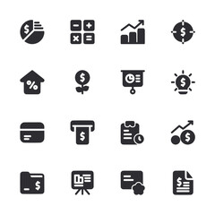 A set of black and white icons that represent financial concepts