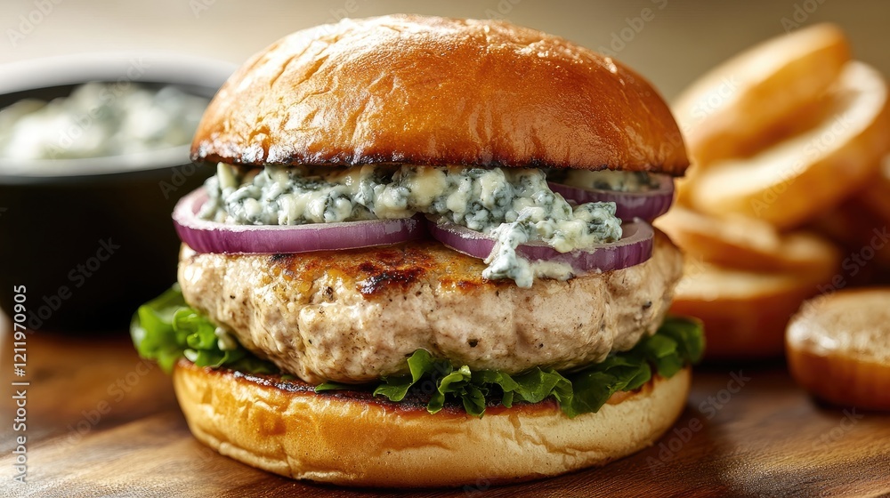 Poster turkey burger topped with gorgonzola cheese and caramelized red onions served on a toasted bun with 