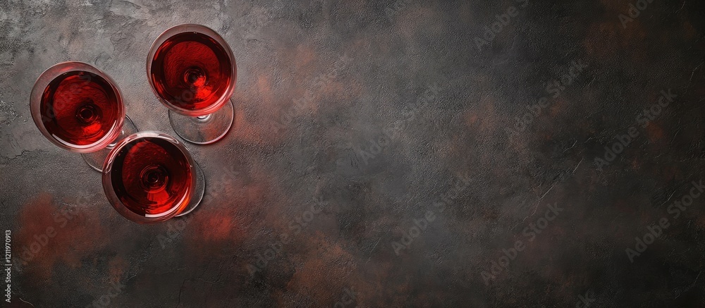 Aufkleber top view of three red wine glasses on a textured dark background with ample blank space for elegant 