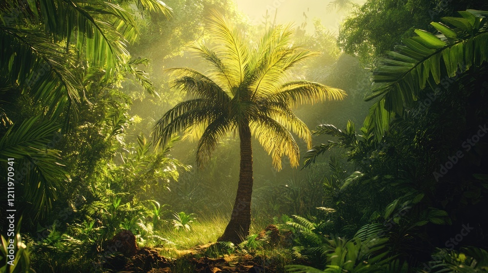 Poster lush tropical palm tree amidst verdant foliage in a serene jungle setting with dappled sunlight filt
