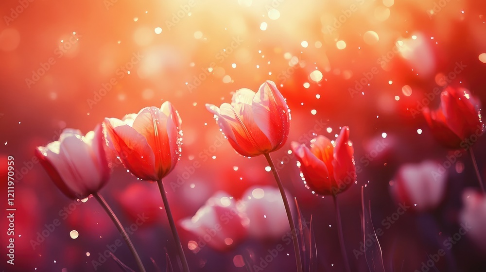 Aufkleber tulip flowers in vibrant red white and pink hues with sunlight creating a dreamy bokeh effect and hi