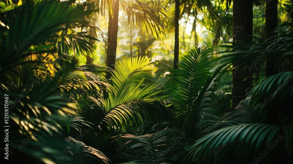 Poster lush tropical forest scene illuminated by sunlight with vibrant green foliage and dense palm trees c