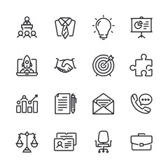 A set of business icons including a laptop, a pen, a chair, a book, a cell phone